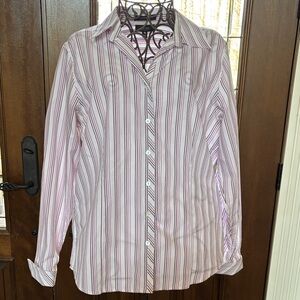Foxcroft White Button-Down Shirt with Burgundy Stripes
